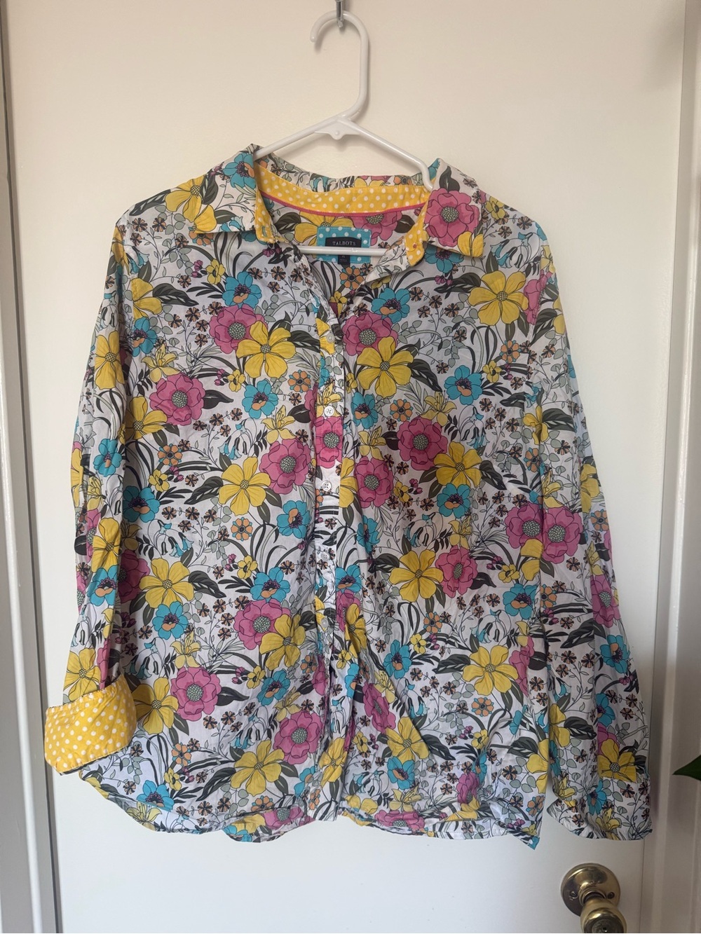 Talbots XL 100% Cotton Floral Button Down Shirt Pink Yellow Turquoise